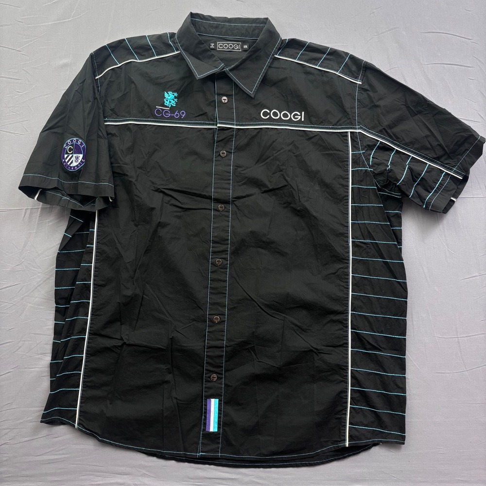 Coogi Mens XXXL Black Button Down‎ Shirt Short Sleeve Embroidered Vtg Teal Y2K